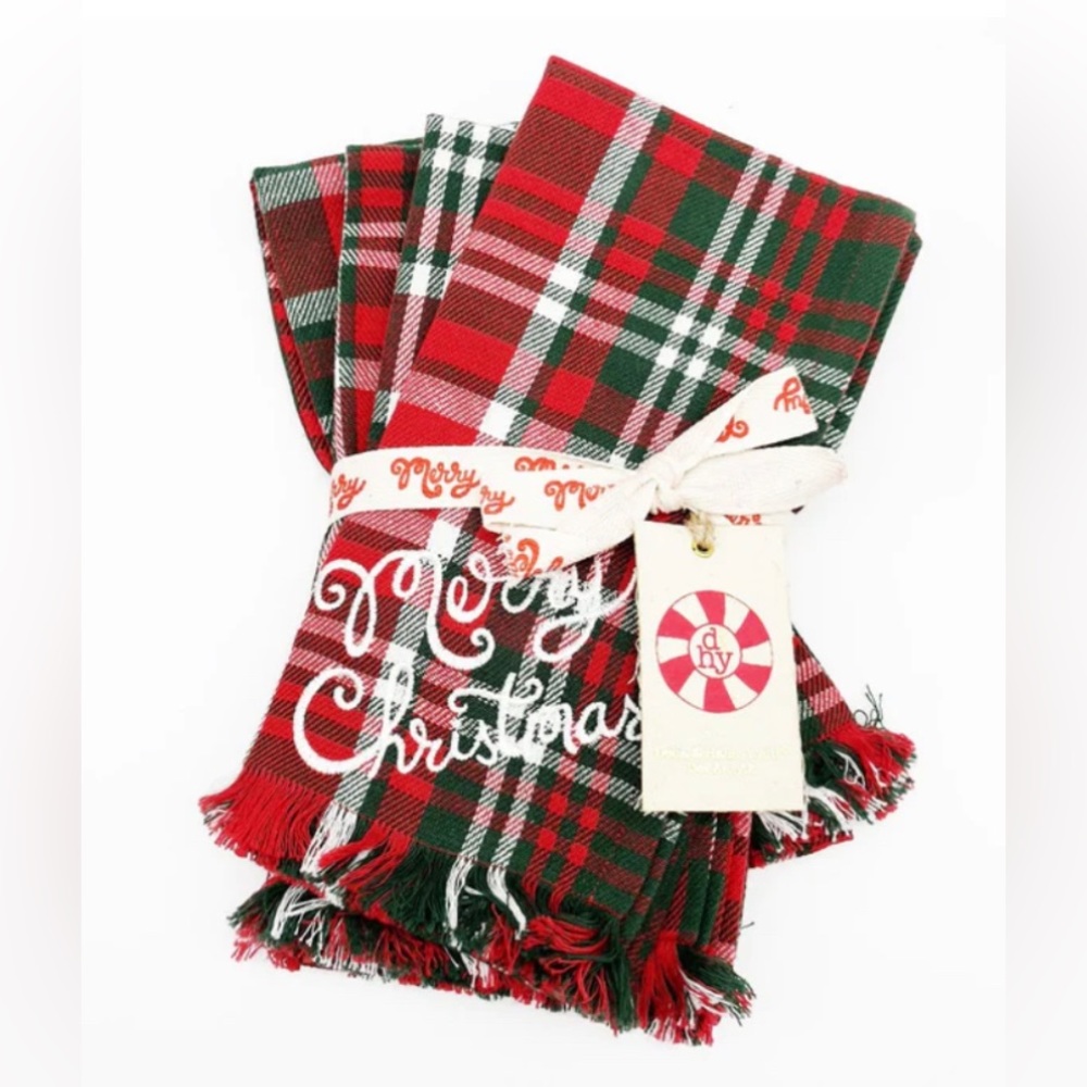 Merry Christmas Embroidered Tartan Plaid Cloth Fringe Holiday Napkins Set of 4
